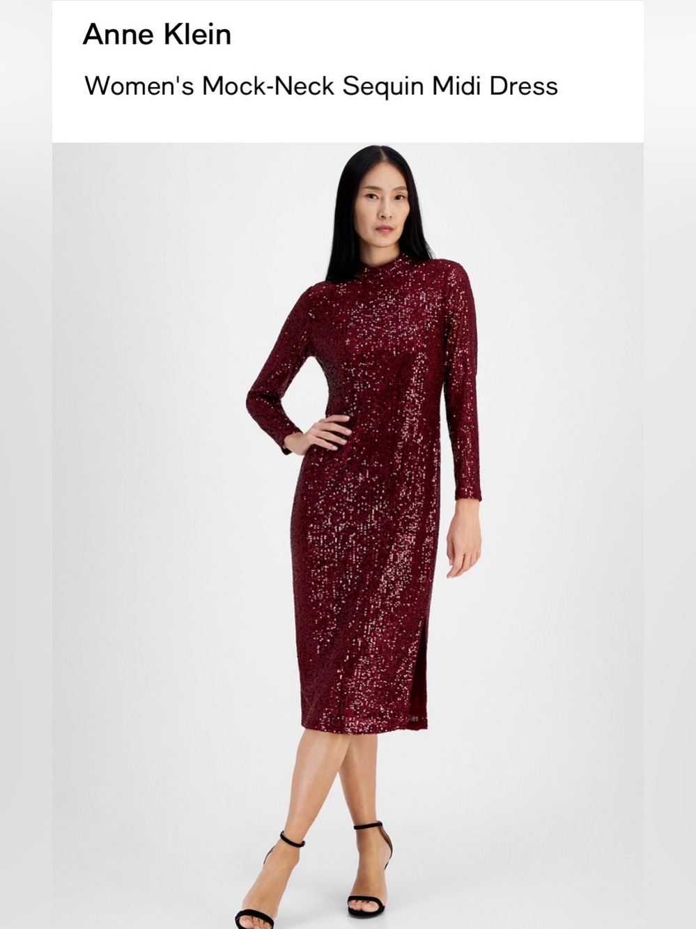 Anne Klein Burgundy Sequin Mock-Neck Midi Dress